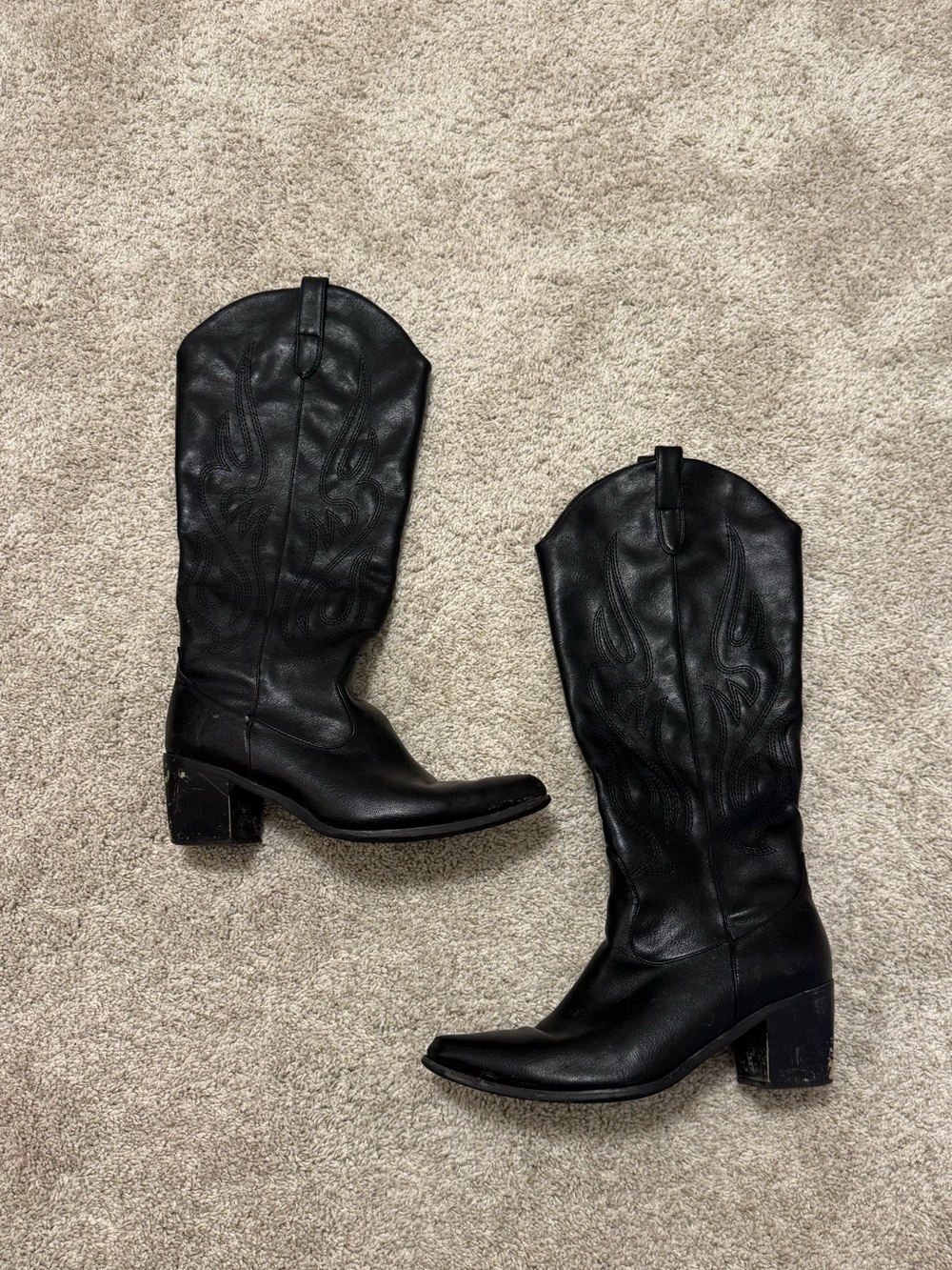 Women's Black Leather Western Knee-High Boots